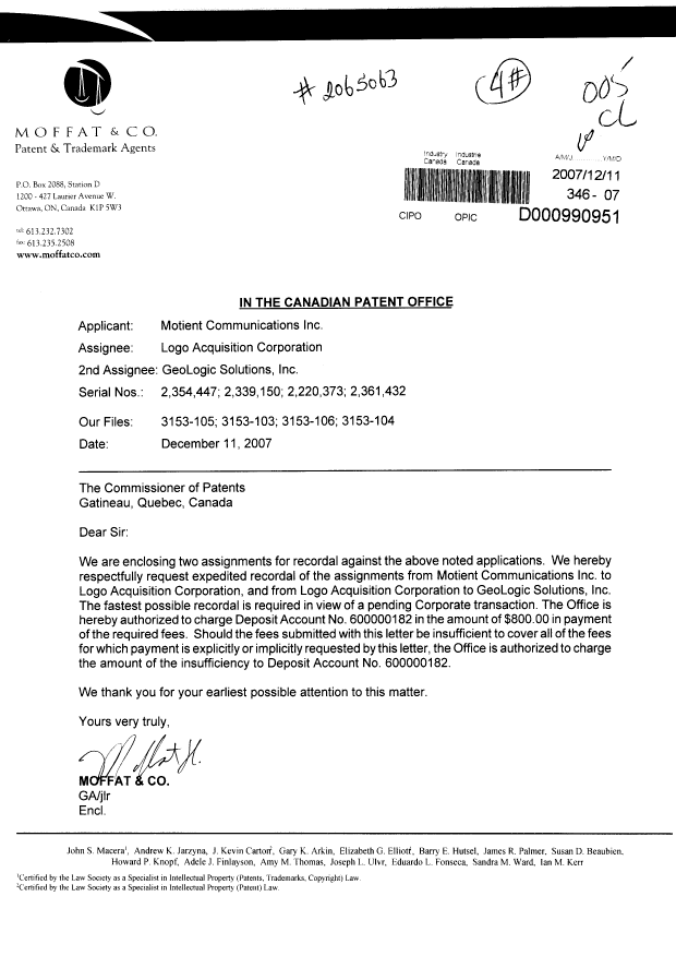 Document de brevet canadien 2339150. Cession 20071211. Image 1 de 10