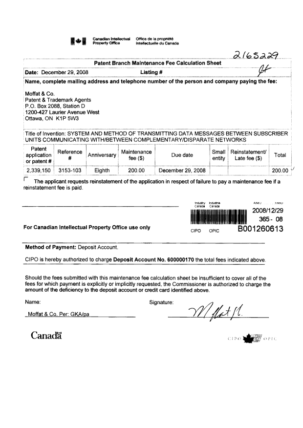 Canadian Patent Document 2339150. Fees 20081229. Image 1 of 1