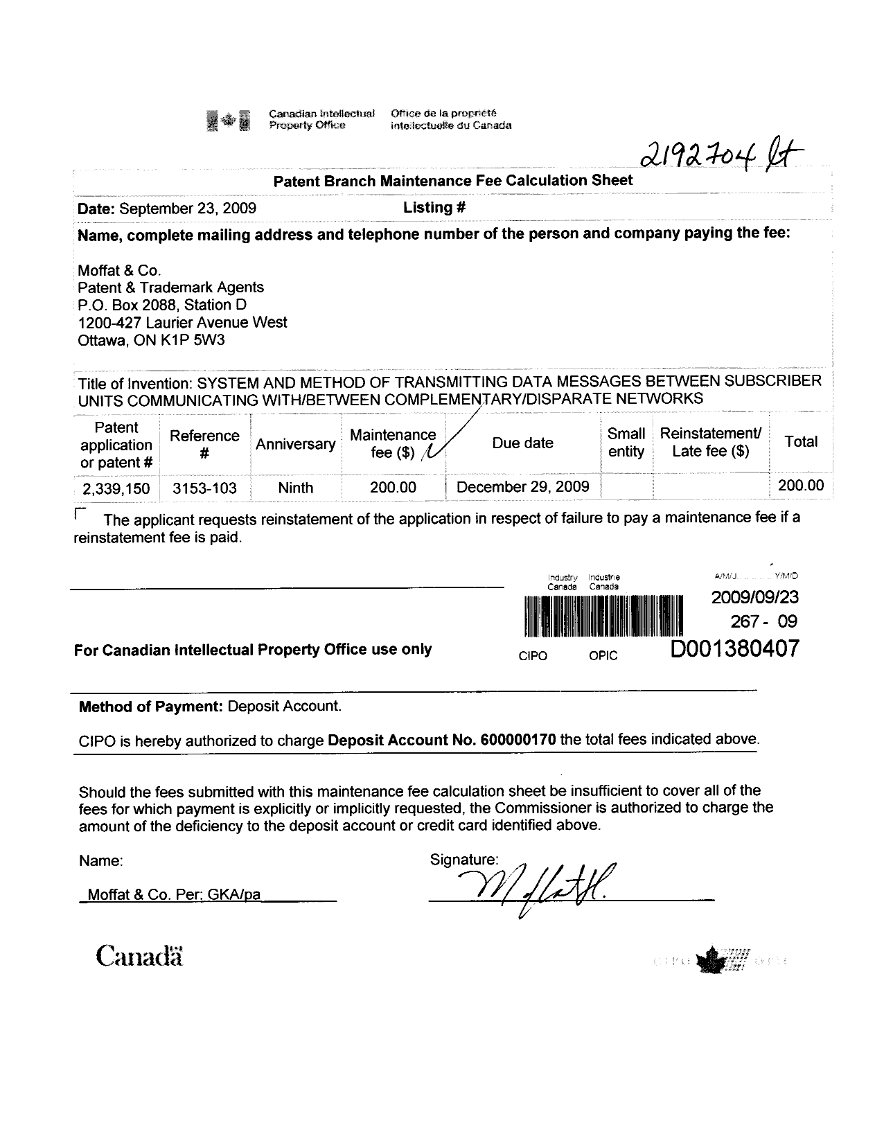 Canadian Patent Document 2339150. Fees 20090923. Image 1 of 1
