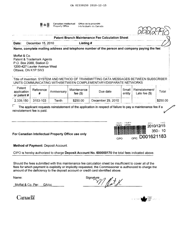 Document de brevet canadien 2339150. Taxes 20101215. Image 1 de 1