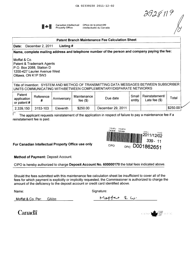 Document de brevet canadien 2339150. Taxes 20111202. Image 1 de 1