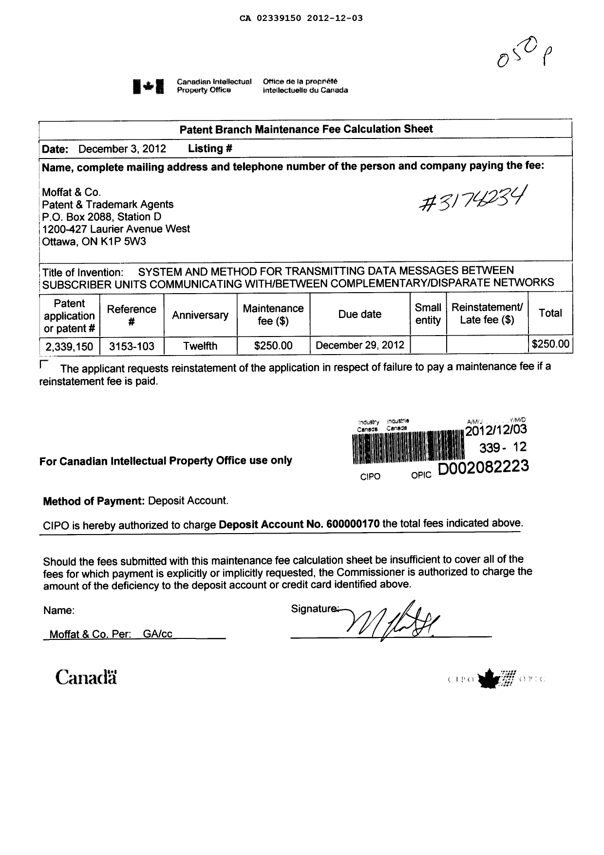Canadian Patent Document 2339150. Fees 20121203. Image 1 of 1