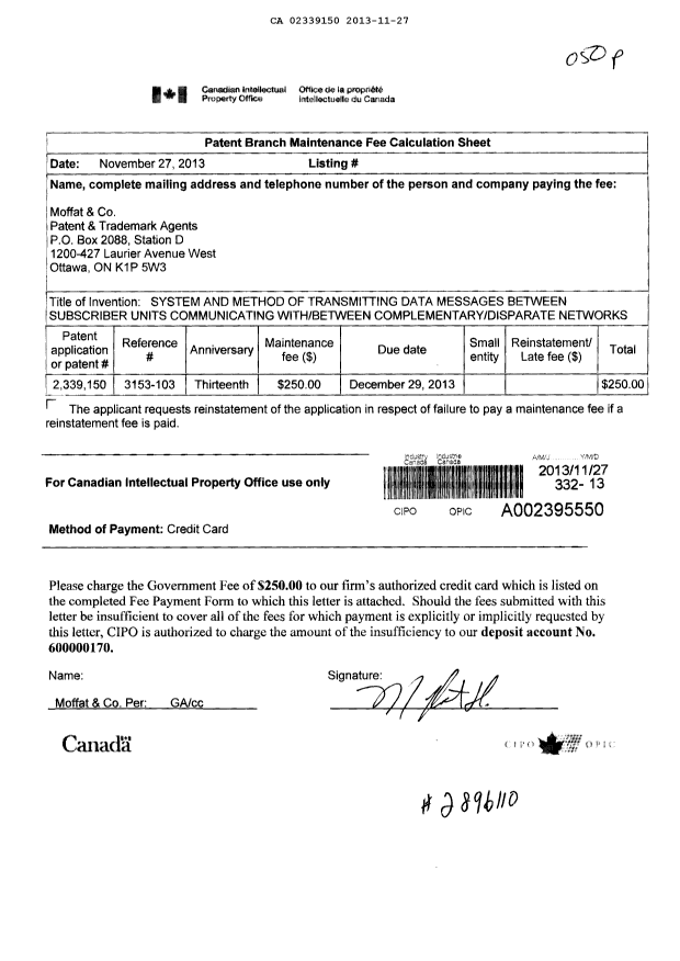 Document de brevet canadien 2339150. Taxes 20131127. Image 1 de 1