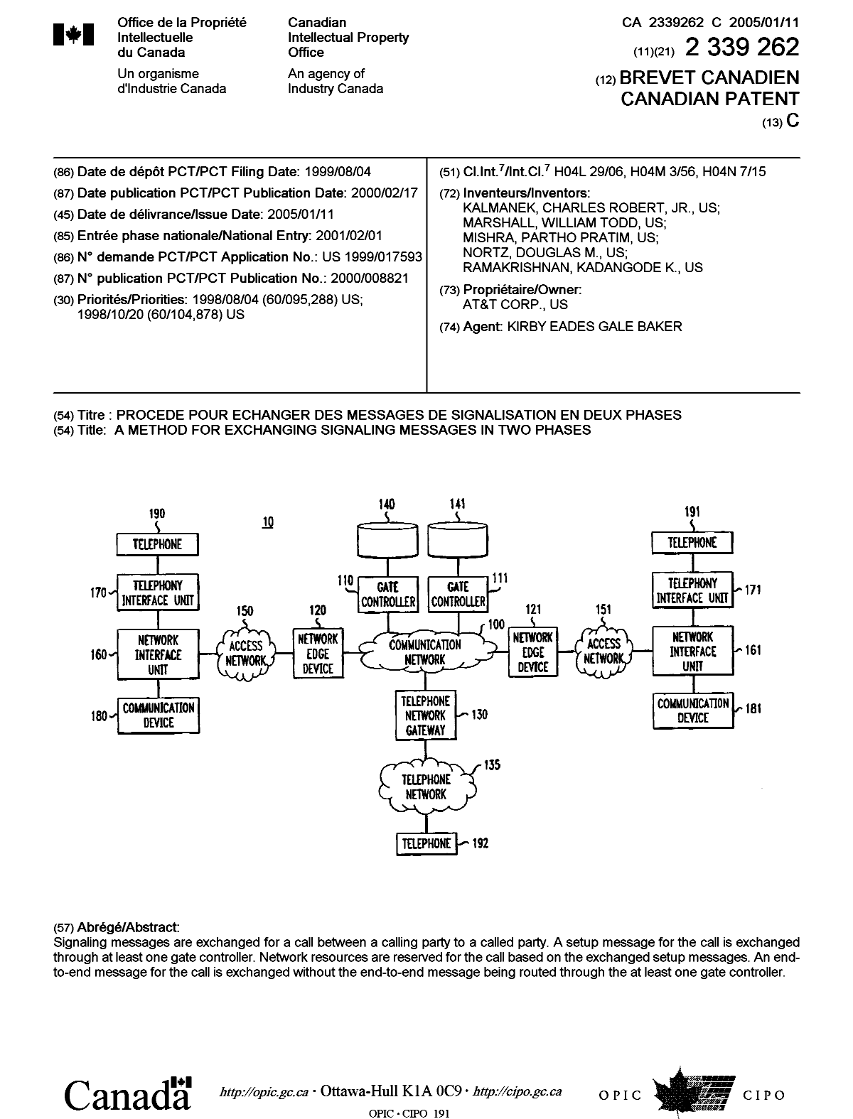Document de brevet canadien 2339262. Page couverture 20050110. Image 1 de 1