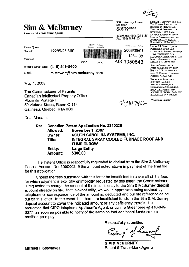 Document de brevet canadien 2340235. Correspondance 20080501. Image 1 de 1
