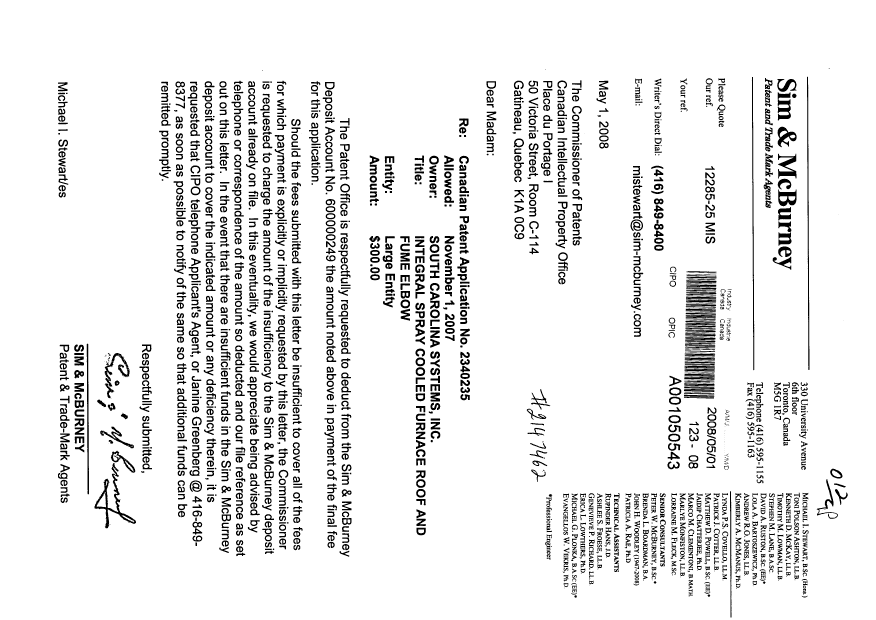 Canadian Patent Document 2340235. Correspondence 20080501. Image 1 of 1