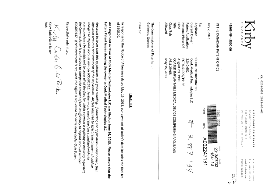 Document de brevet canadien 2340652. Correspondance 20130702. Image 1 de 1