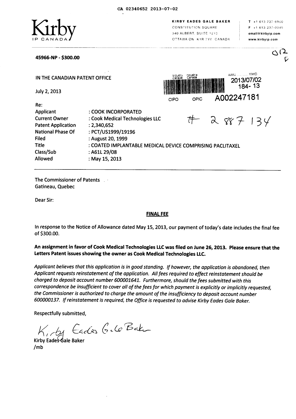 Document de brevet canadien 2340652. Correspondance 20130702. Image 1 de 1