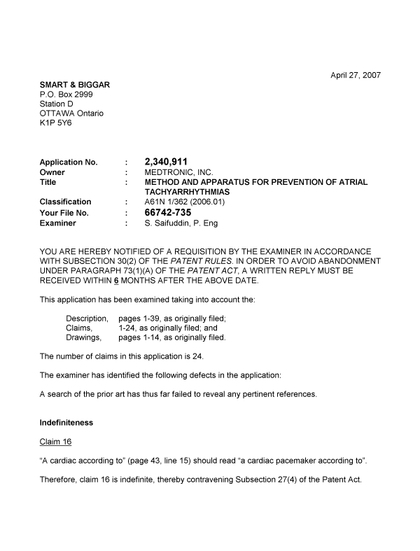 Canadian Patent Document 2340911. Prosecution-Amendment 20070427. Image 1 of 2