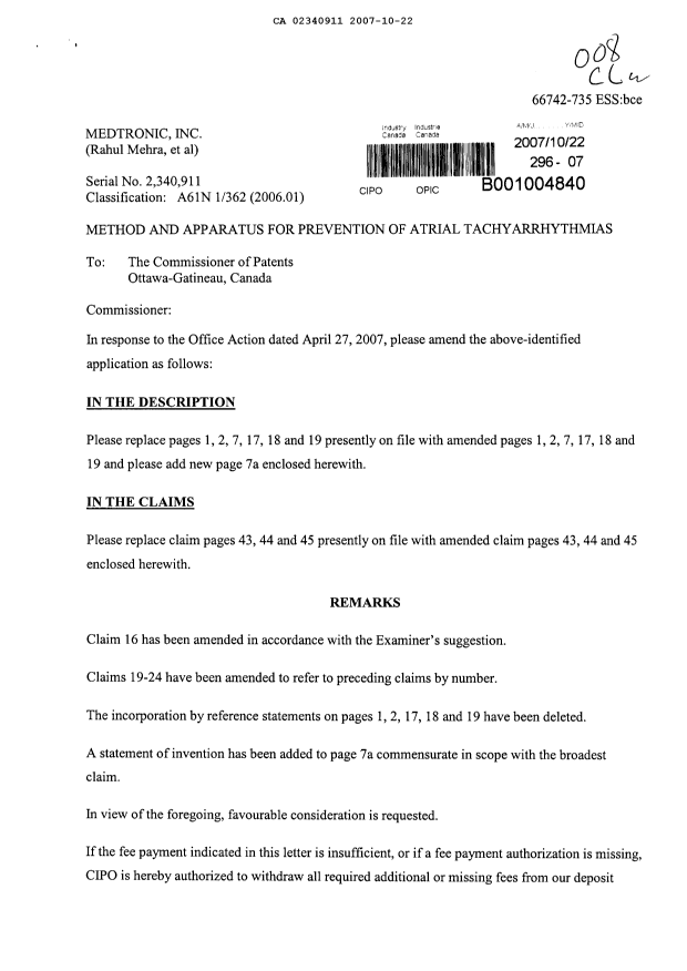 Canadian Patent Document 2340911. Prosecution-Amendment 20071022. Image 1 of 12