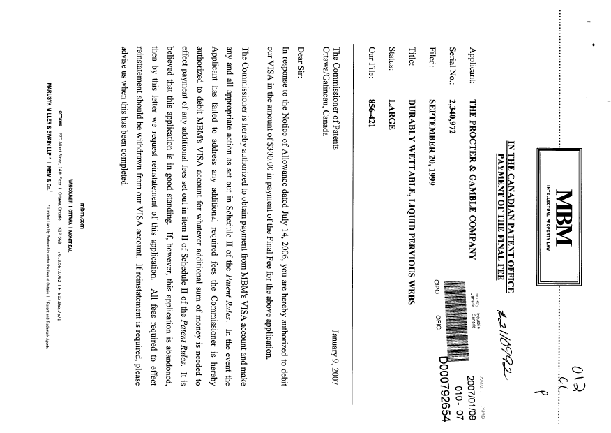 Document de brevet canadien 2340972. Correspondance 20070109. Image 1 de 2