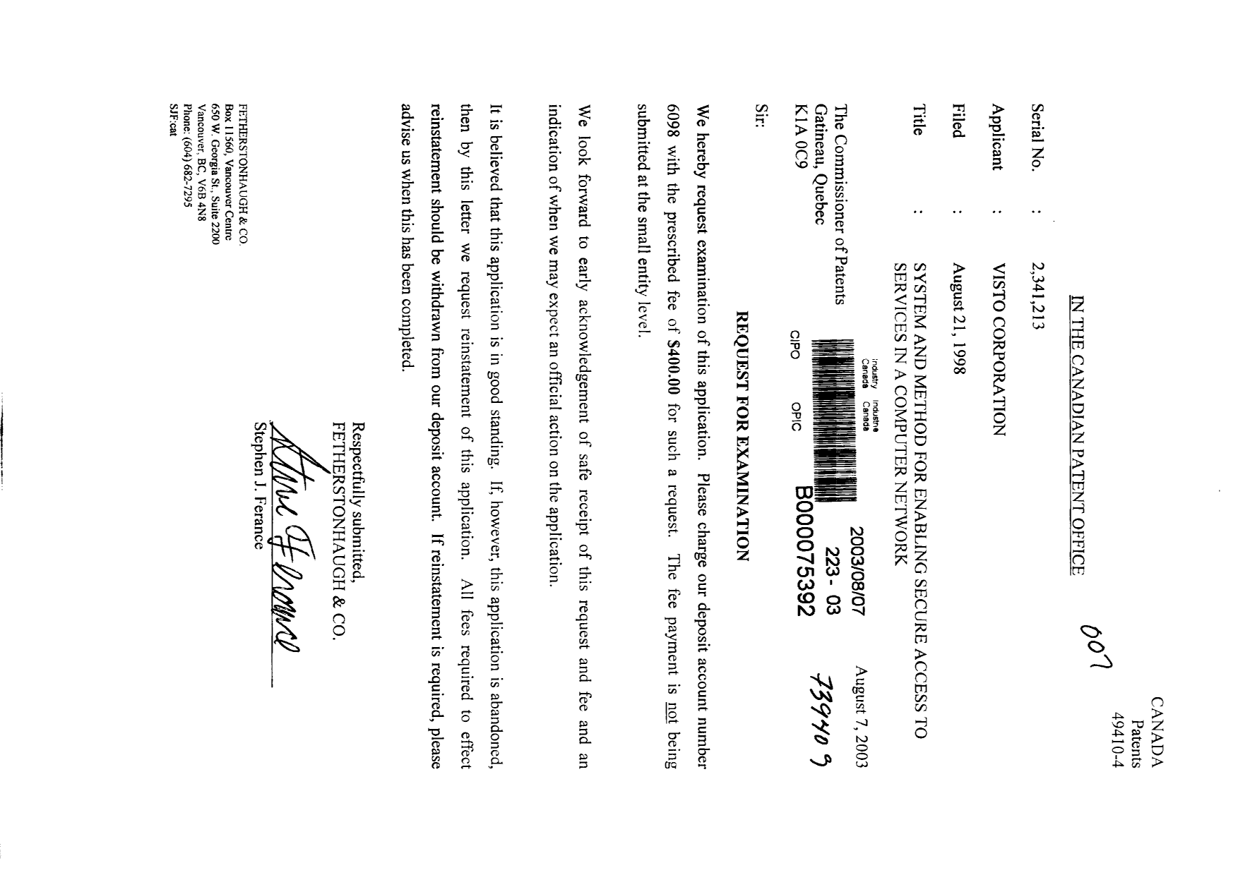 Canadian Patent Document 2341213. Prosecution-Amendment 20030807. Image 1 of 1