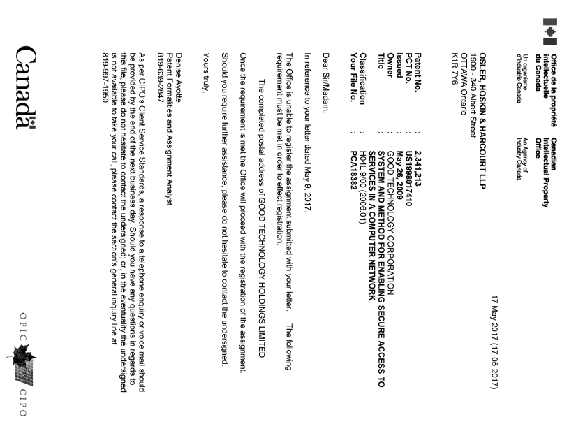 Document de brevet canadien 2341213. Lettre du bureau 20170517. Image 1 de 1
