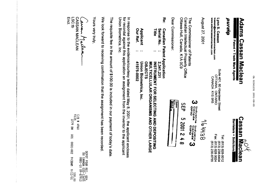 Canadian Patent Document 2341231. Assignment 20010905. Image 1 of 2
