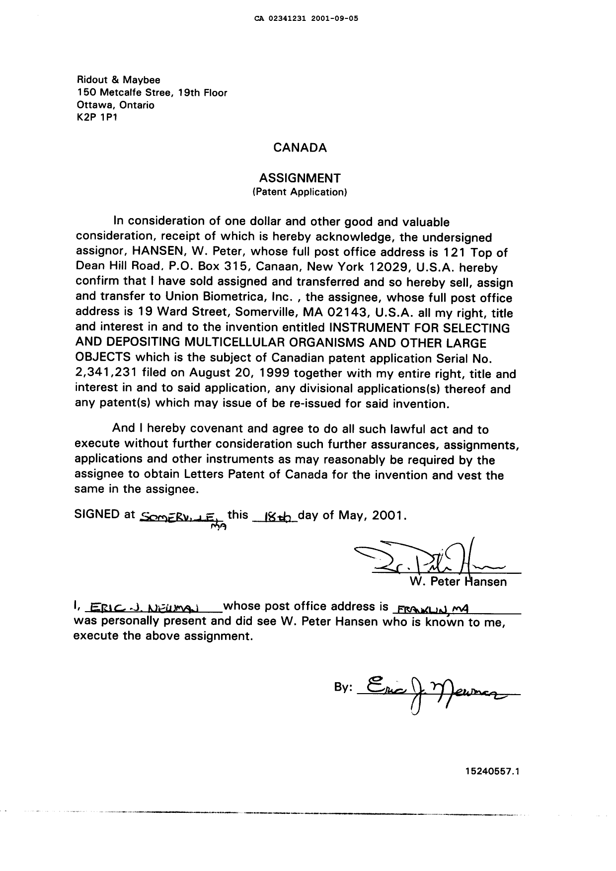 Document de brevet canadien 2341231. Cession 20010905. Image 2 de 2