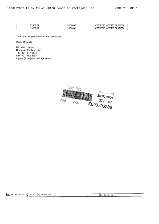 Document de brevet canadien 2341231. Correspondance 20071004. Image 2 de 2