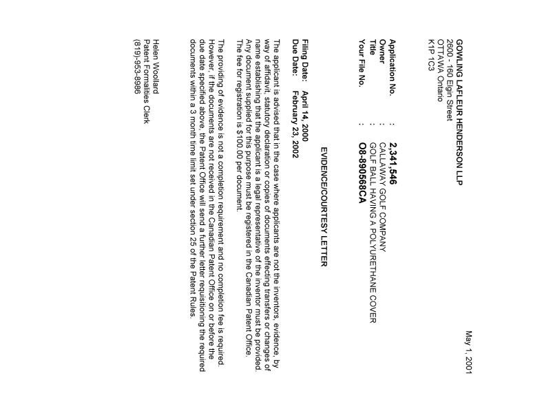 Document de brevet canadien 2341546. Correspondance 20010426. Image 1 de 1