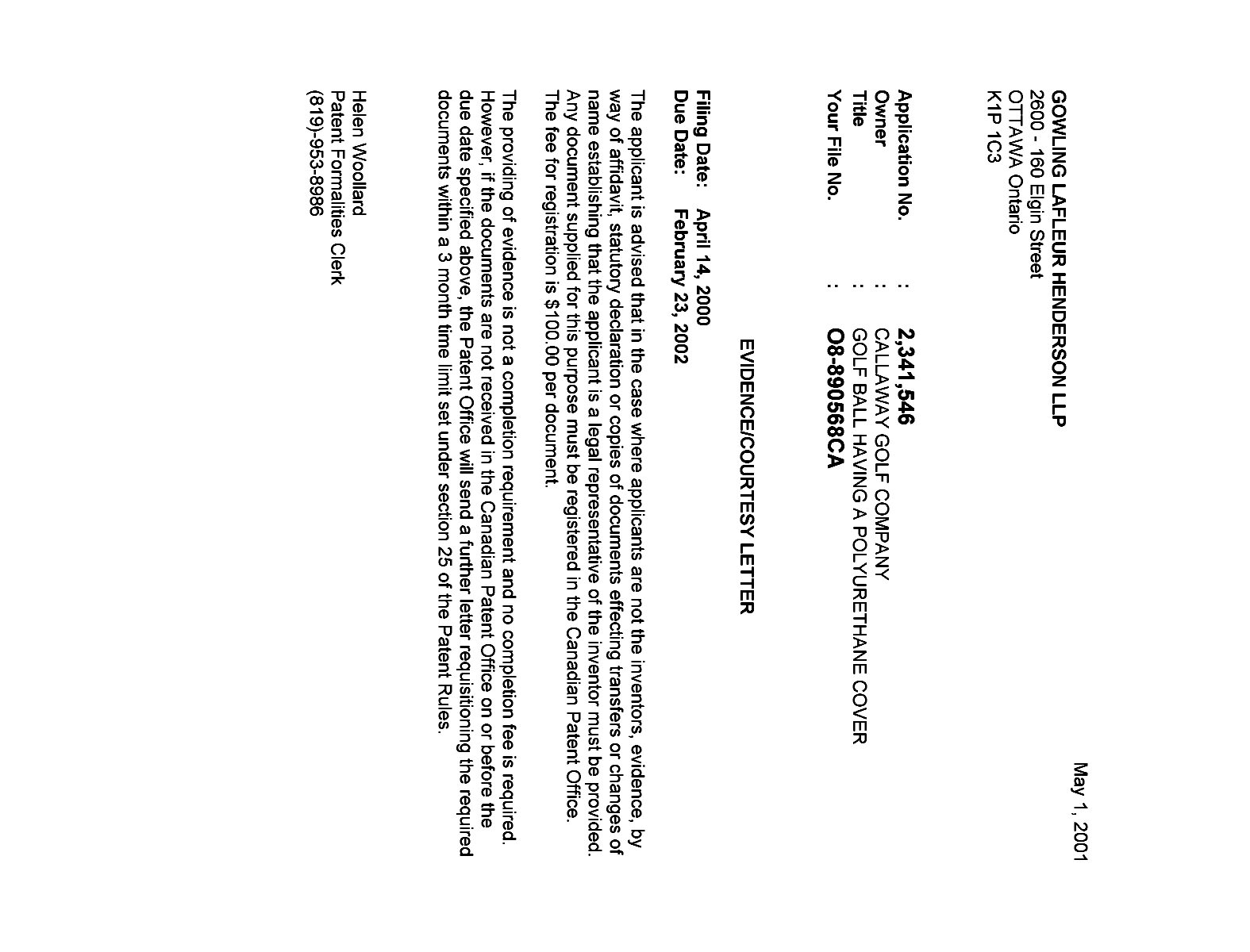 Canadian Patent Document 2341546. Correspondence 20010426. Image 1 of 1
