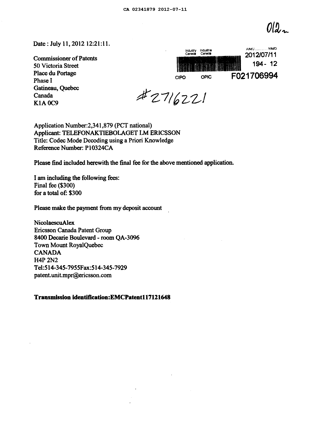 Document de brevet canadien 2341879. Correspondance 20120711. Image 1 de 1
