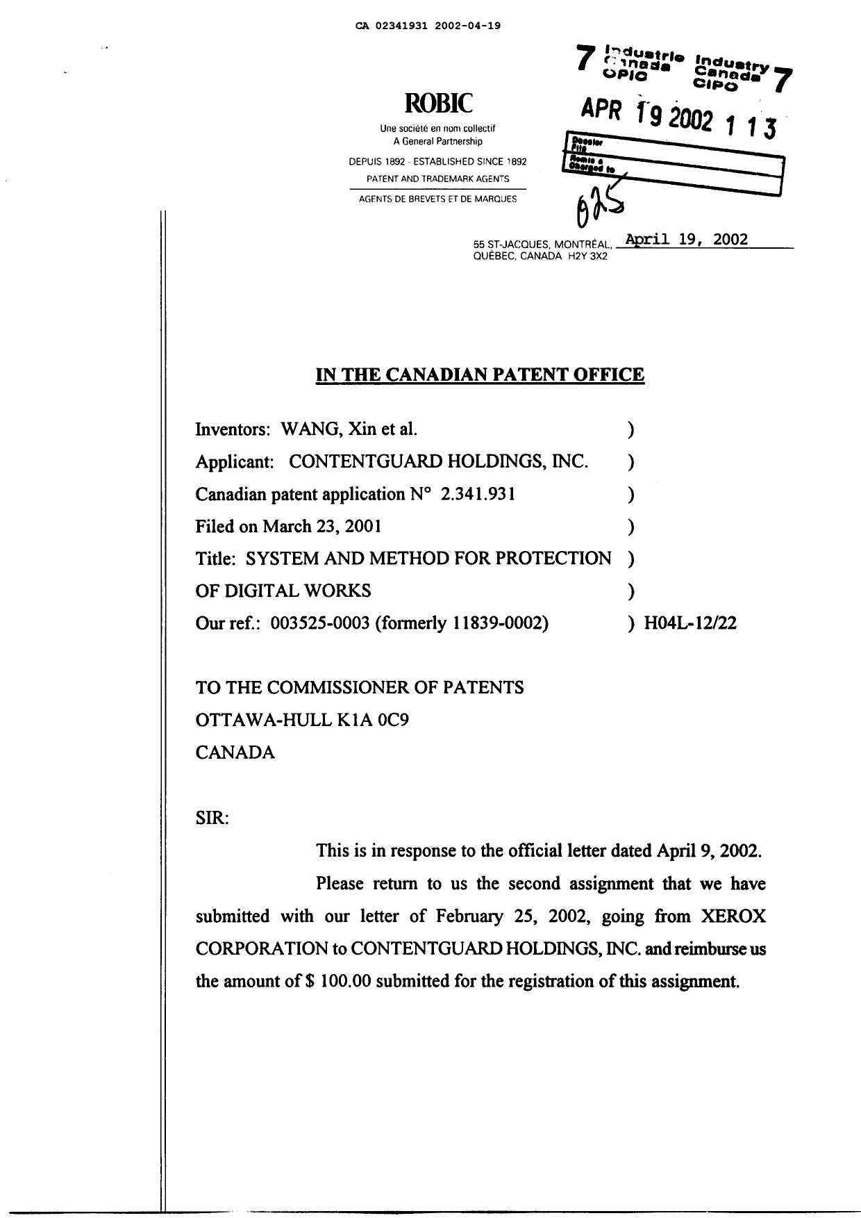 Document de brevet canadien 2341931. Cession 20020419. Image 1 de 2