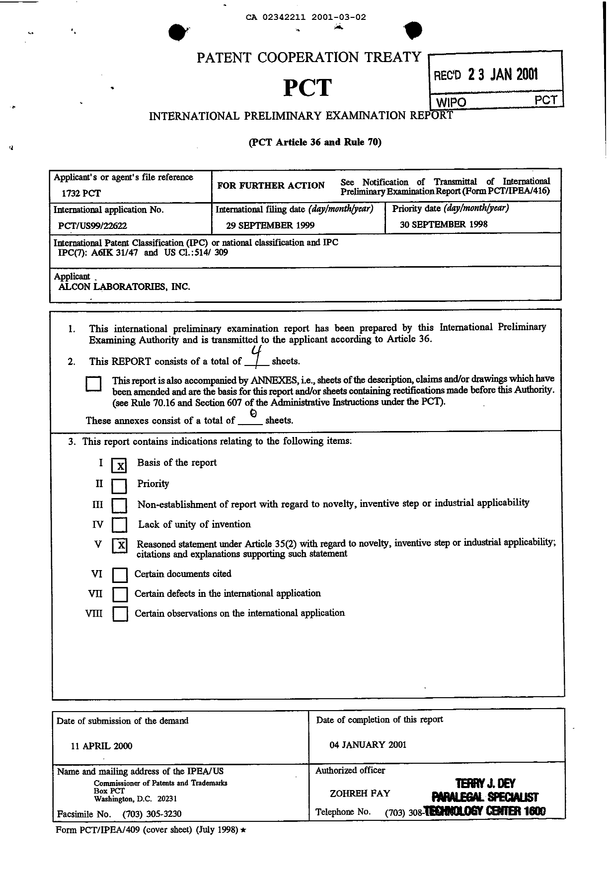 Document de brevet canadien 2342211. PCT 20001202. Image 1 de 4