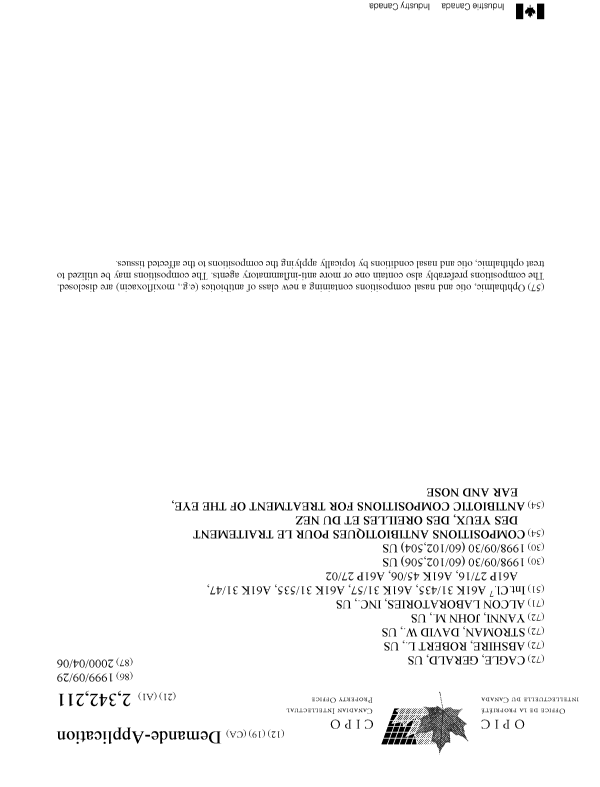 Document de brevet canadien 2342211. Page couverture 20001224. Image 1 de 1