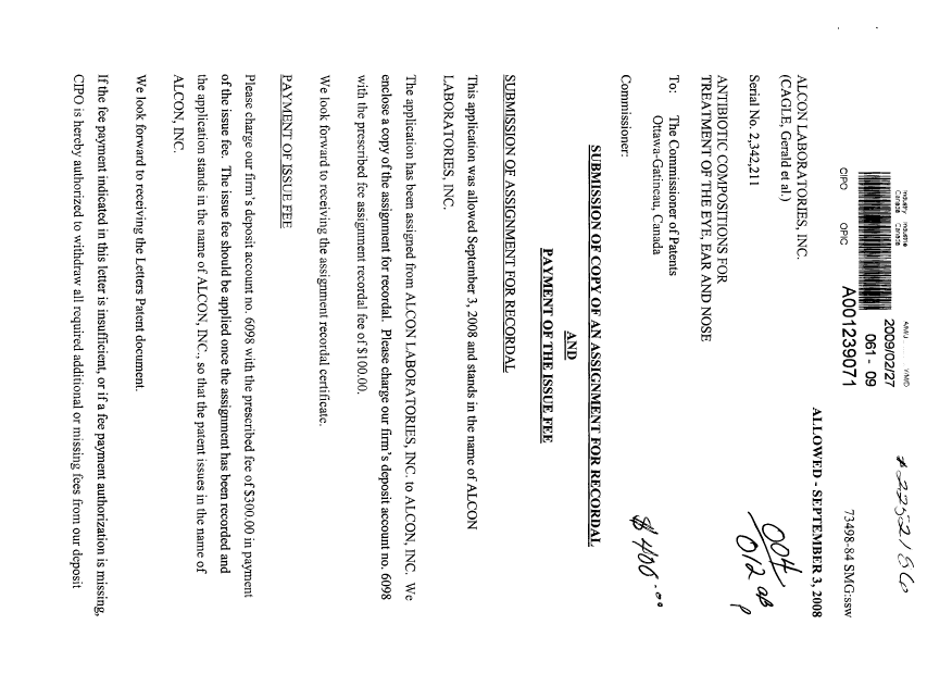 Document de brevet canadien 2342211. Correspondance 20081227. Image 1 de 2