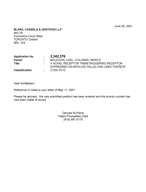 Canadian Patent Document 2342376. Correspondence 20010621. Image 1 of 1