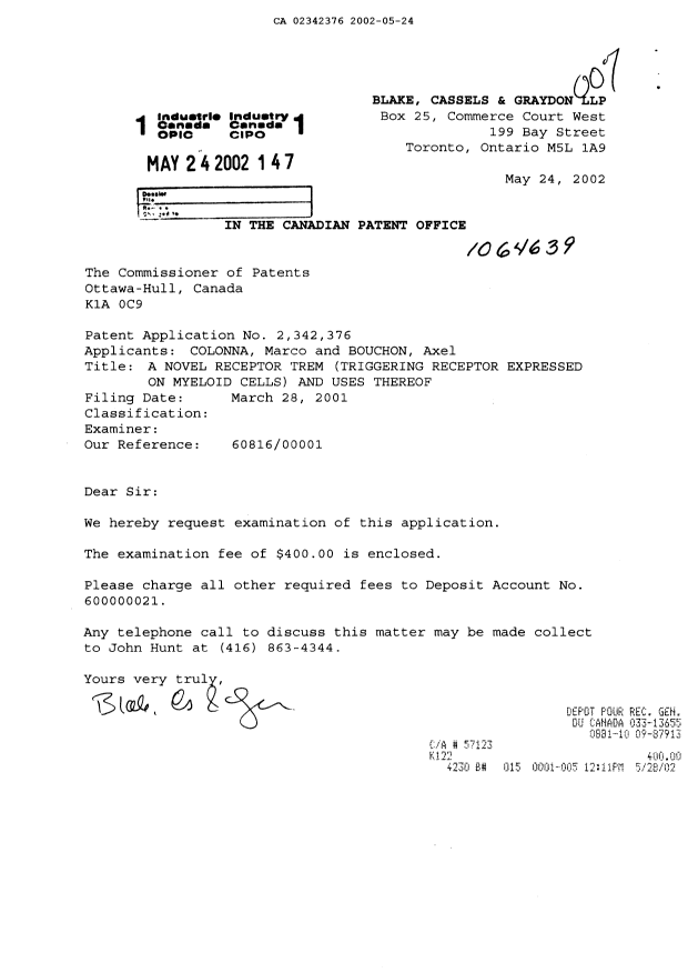 Canadian Patent Document 2342376. Prosecution-Amendment 20020524. Image 1 of 1