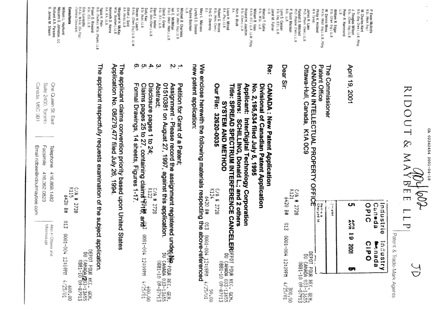 Document de brevet canadien 2342454. Cession 20010419. Image 1 de 4