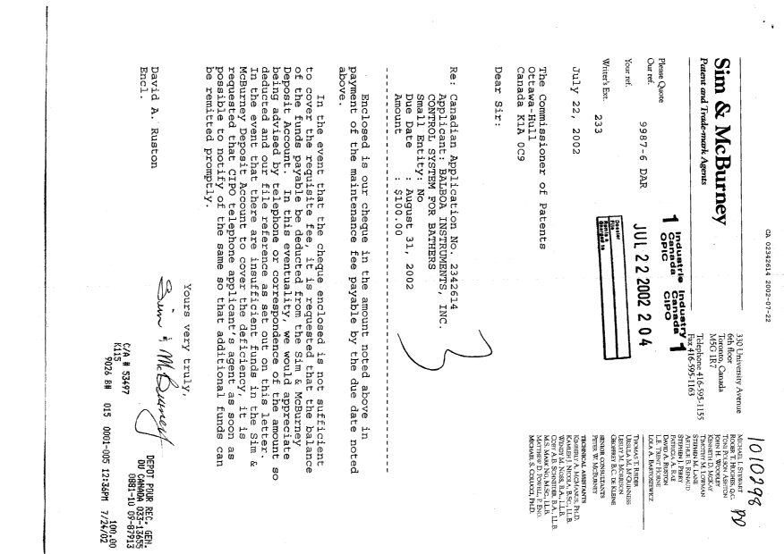 Document de brevet canadien 2342614. Taxes 20020722. Image 1 de 1