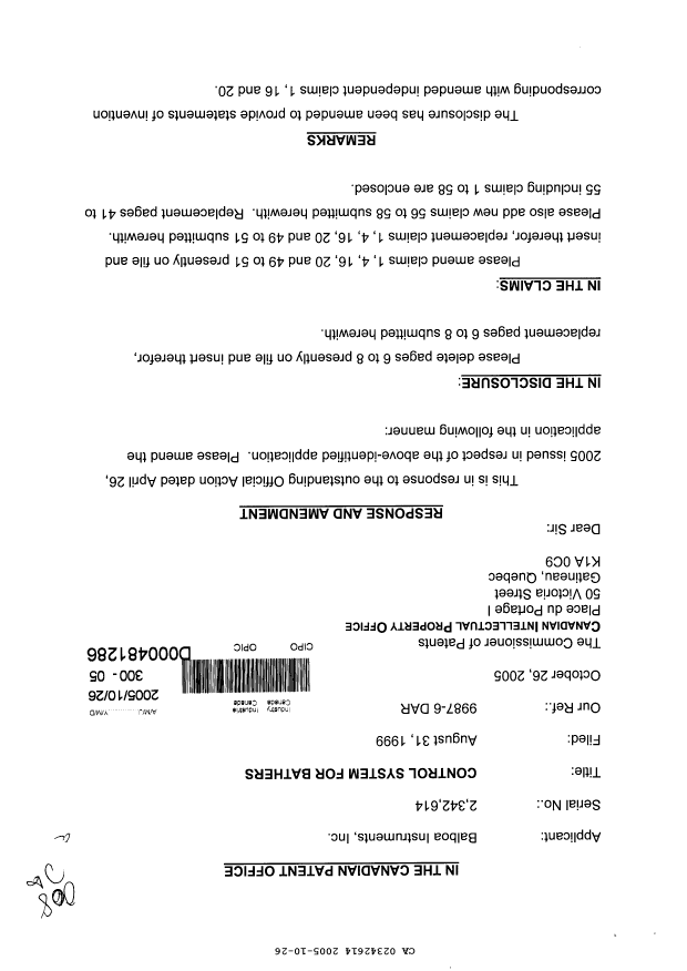 Document de brevet canadien 2342614. Poursuite-Amendment 20051026. Image 1 de 26
