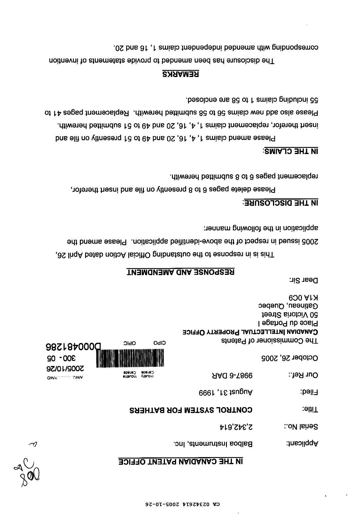 Canadian Patent Document 2342614. Prosecution-Amendment 20051026. Image 1 of 26