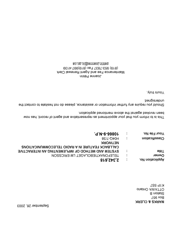 Canadian Patent Document 2342618. Correspondence 20030926. Image 1 of 1