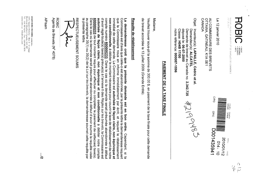 Document de brevet canadien 2342725. Correspondance 20100112. Image 1 de 2