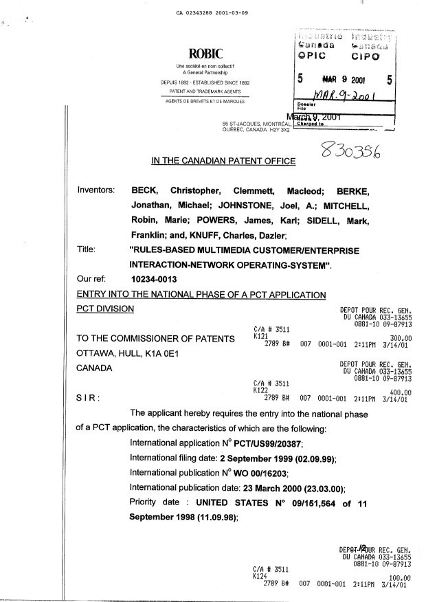 Document de brevet canadien 2343288. Cession 20010309. Image 1 de 19