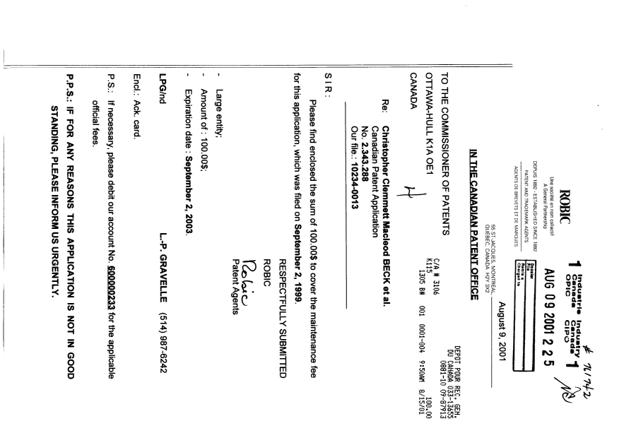 Document de brevet canadien 2343288. Taxes 20010809. Image 1 de 1