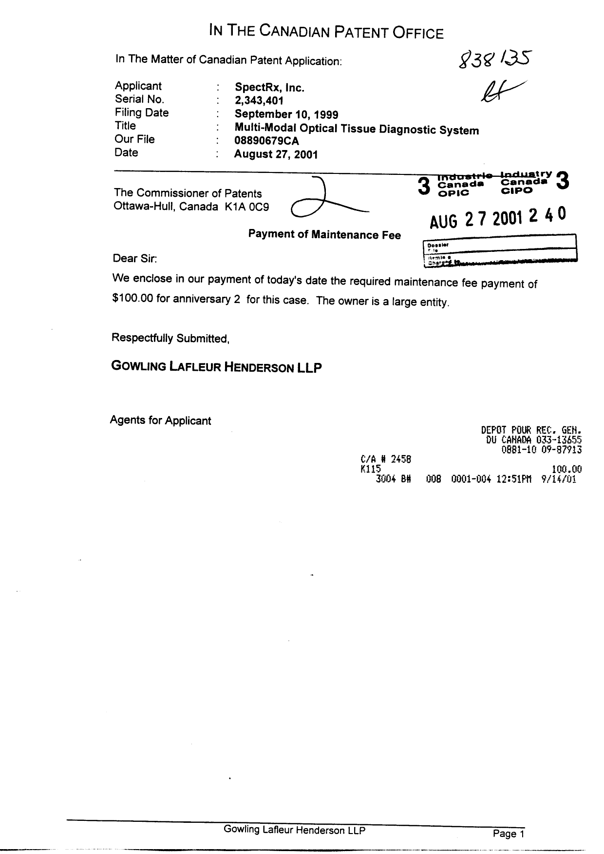 Document de brevet canadien 2343401. Taxes 20010827. Image 1 de 1
