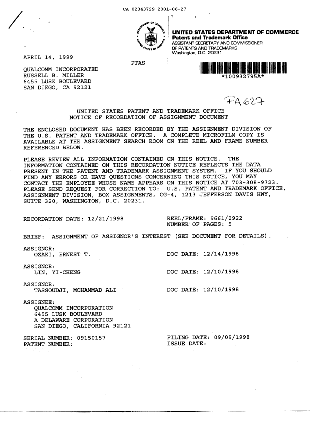Document de brevet canadien 2343729. Cession 20010627. Image 2 de 8