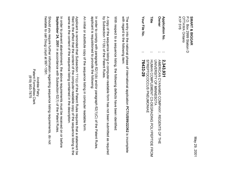 Document de brevet canadien 2343931. Correspondance 20010523. Image 1 de 1