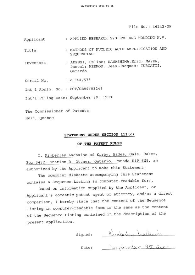 Canadian Patent Document 2344575. Correspondence 20010925. Image 16 of 16