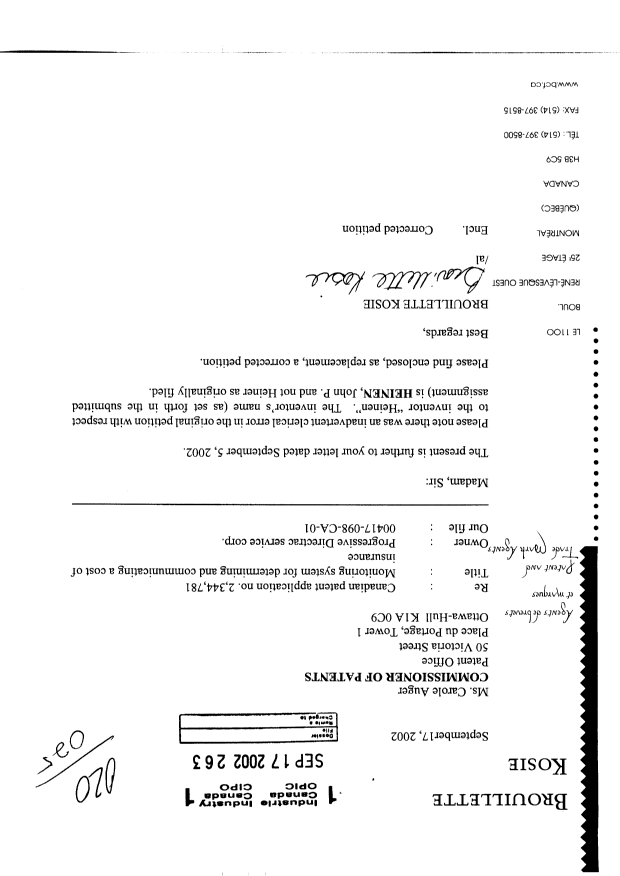 Document de brevet canadien 2344781. Correspondance 20011217. Image 1 de 3