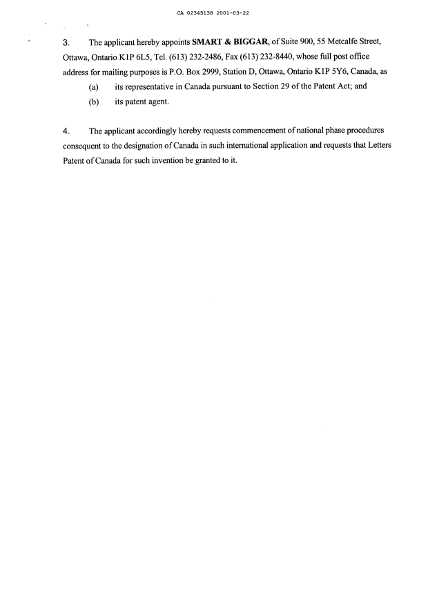 Document de brevet canadien 2345138. Cession 20010322. Image 3 de 3