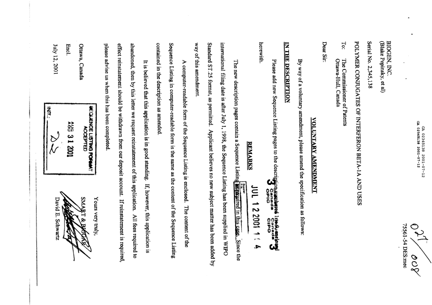Document de brevet canadien 2345138. Poursuite-Amendment 20010712. Image 1 de 10