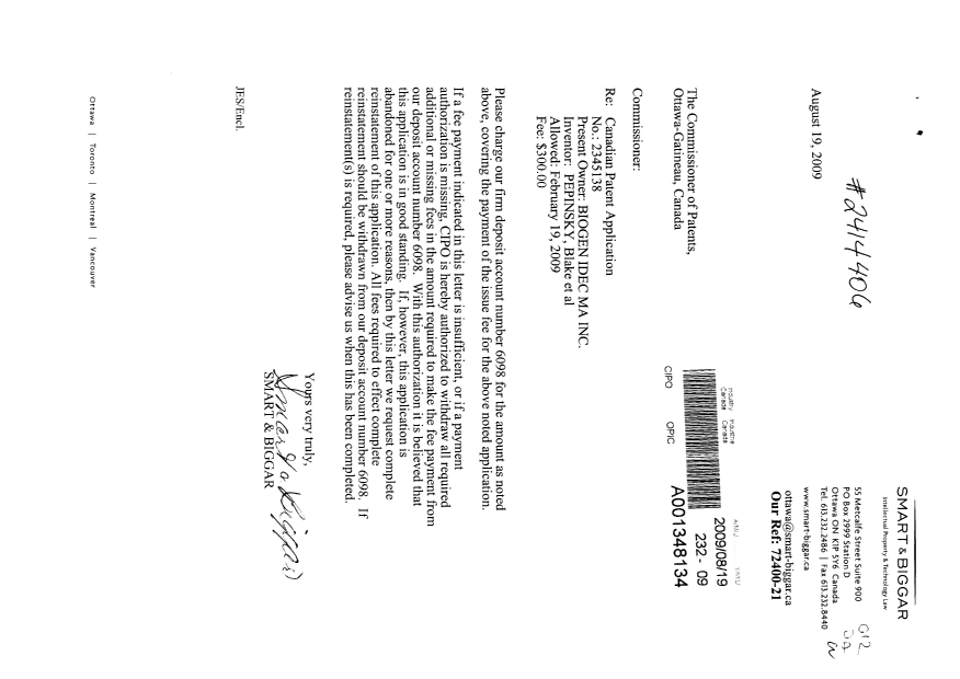 Document de brevet canadien 2345138. Correspondance 20090819. Image 1 de 1