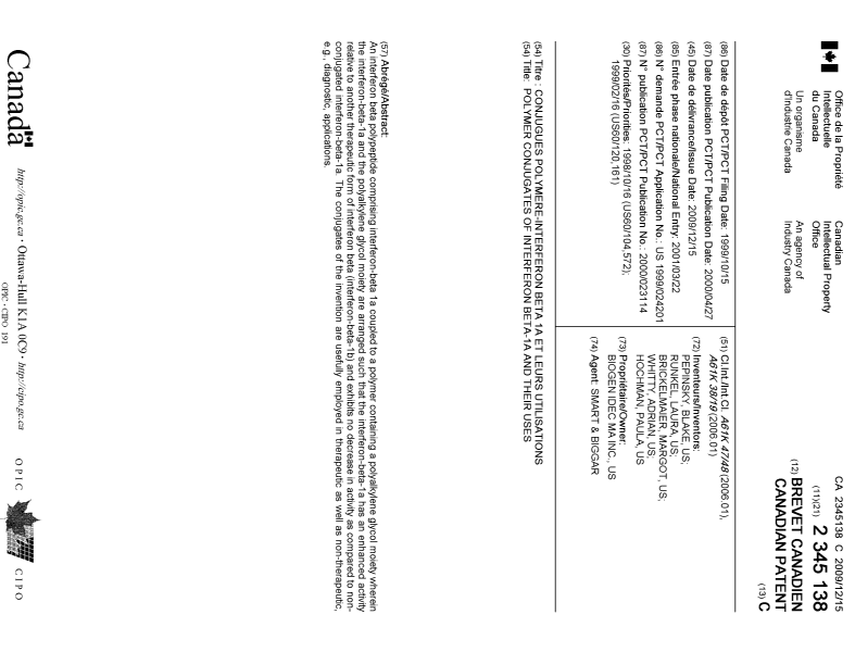 Document de brevet canadien 2345138. Page couverture 20091118. Image 1 de 1
