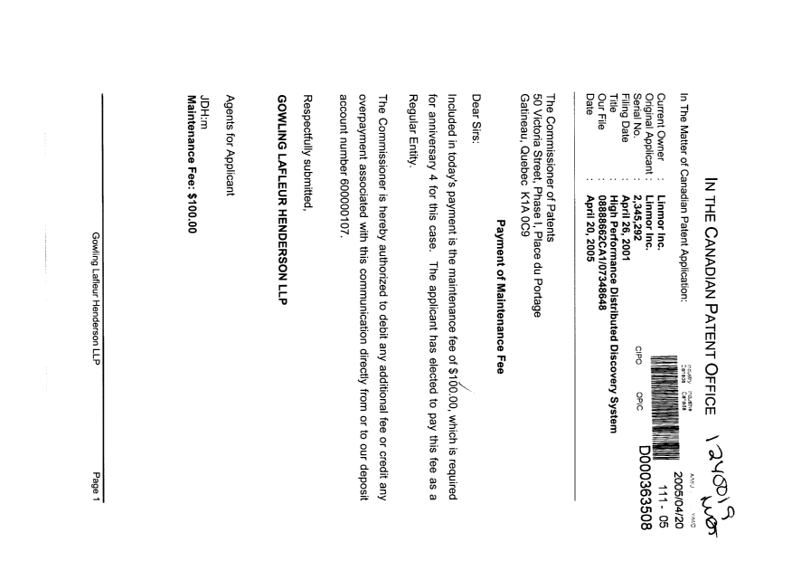 Document de brevet canadien 2345292. Taxes 20050420. Image 1 de 1