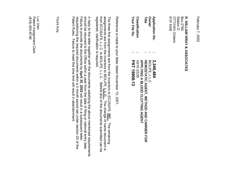 Document de brevet canadien 2345484. Correspondance 20020207. Image 1 de 1