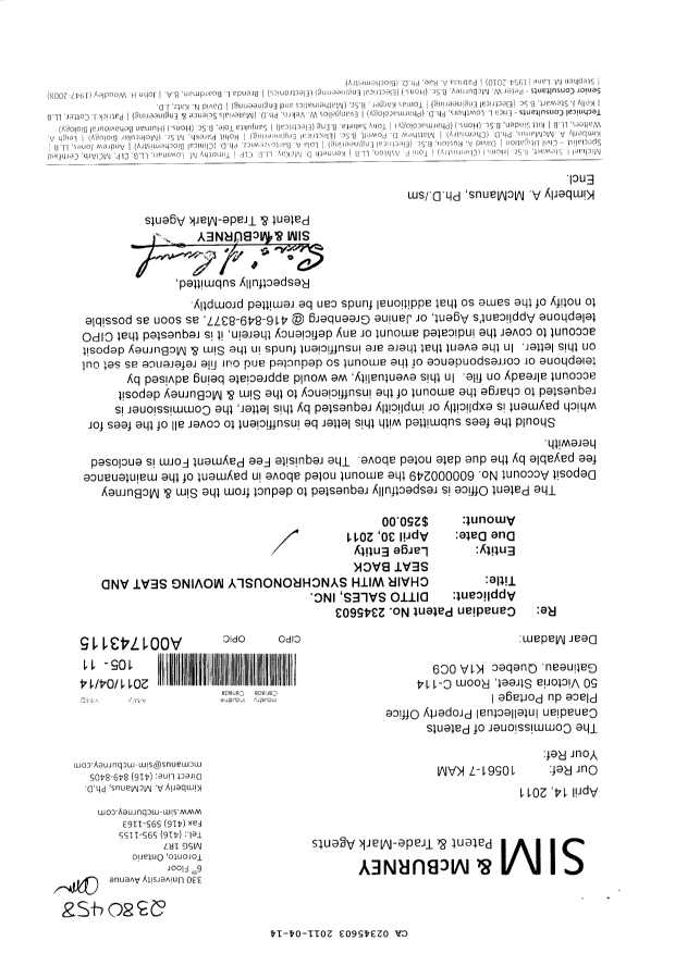 Canadian Patent Document 2345603. Fees 20110414. Image 1 of 1