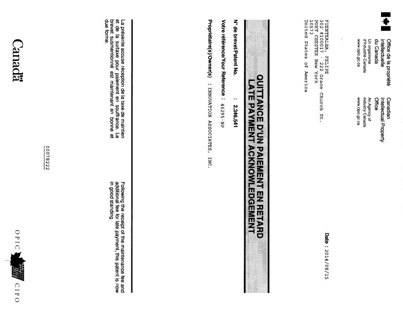 Document de brevet canadien 2346541. Courrier retourné 20140916. Image 1 de 2